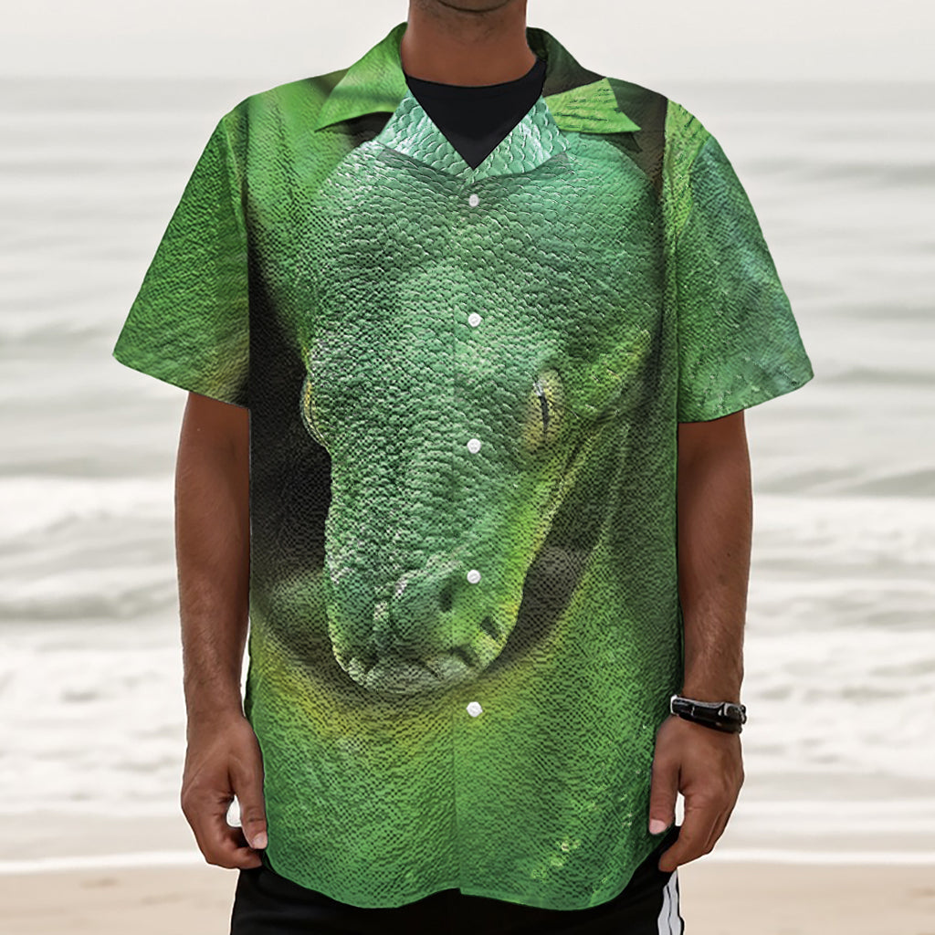Green Reticulated Python Snake Print Textured Short Sleeve Shirt