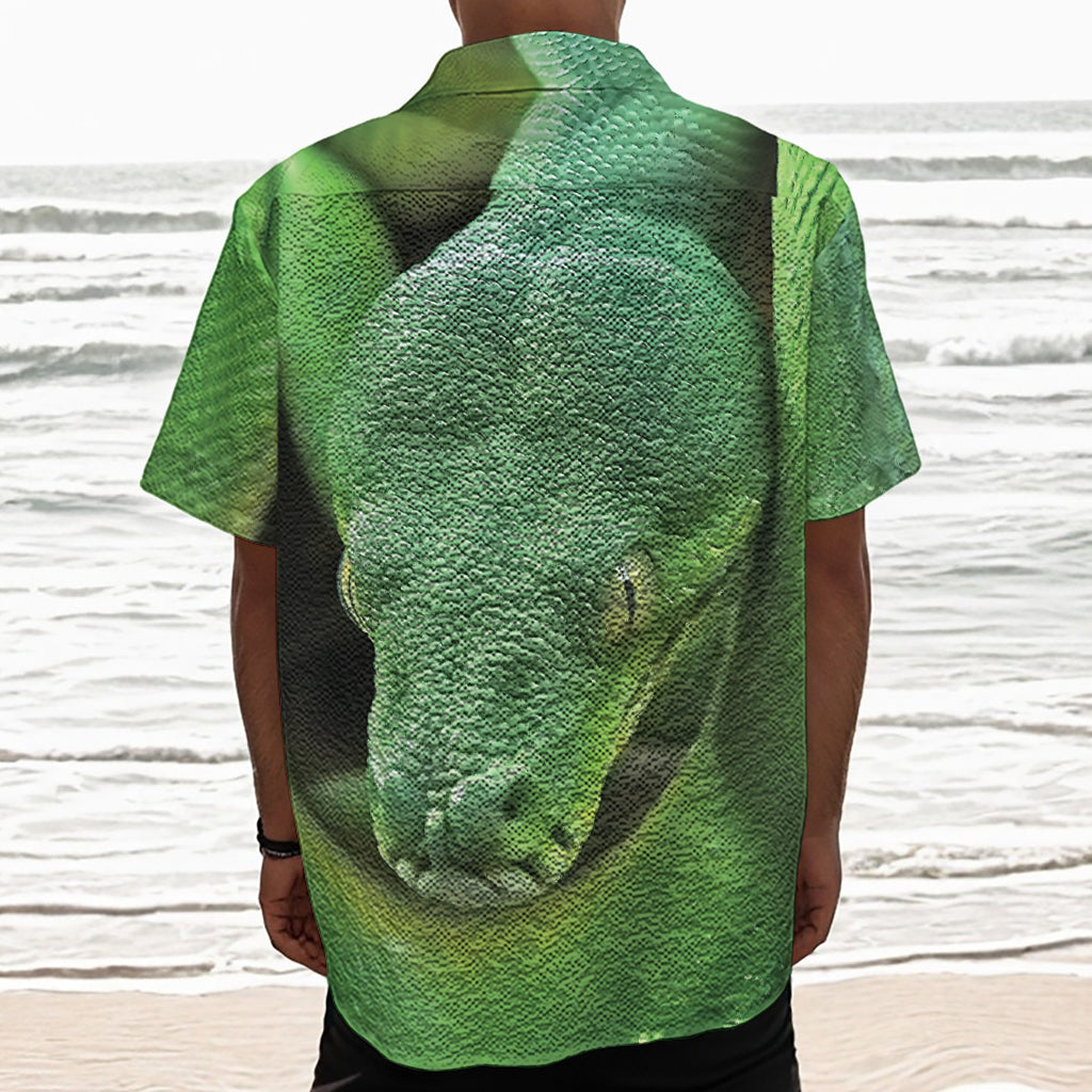 Green Reticulated Python Snake Print Textured Short Sleeve Shirt