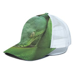 Green Reticulated Python Snake Print White Mesh Trucker Cap