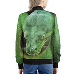 Green Reticulated Python Snake Print Women's Bomber Jacket