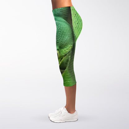 Green Reticulated Python Snake Print Women's Capri Leggings