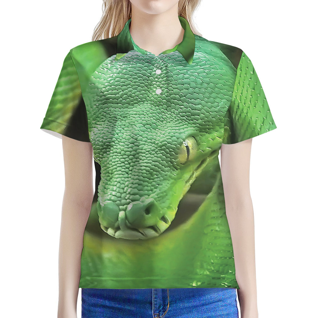 Green Reticulated Python Snake Print Women's Polo Shirt