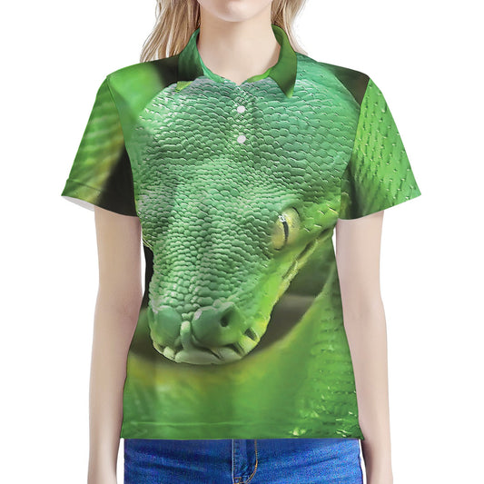 Green Reticulated Python Snake Print Women's Polo Shirt