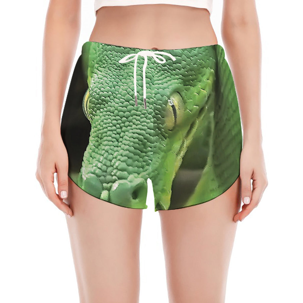 Green Reticulated Python Snake Print Women's Split Running Shorts