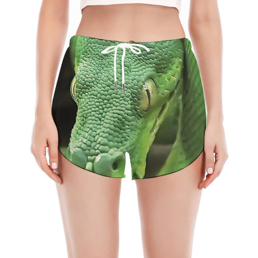 Green Reticulated Python Snake Print Women's Split Running Shorts