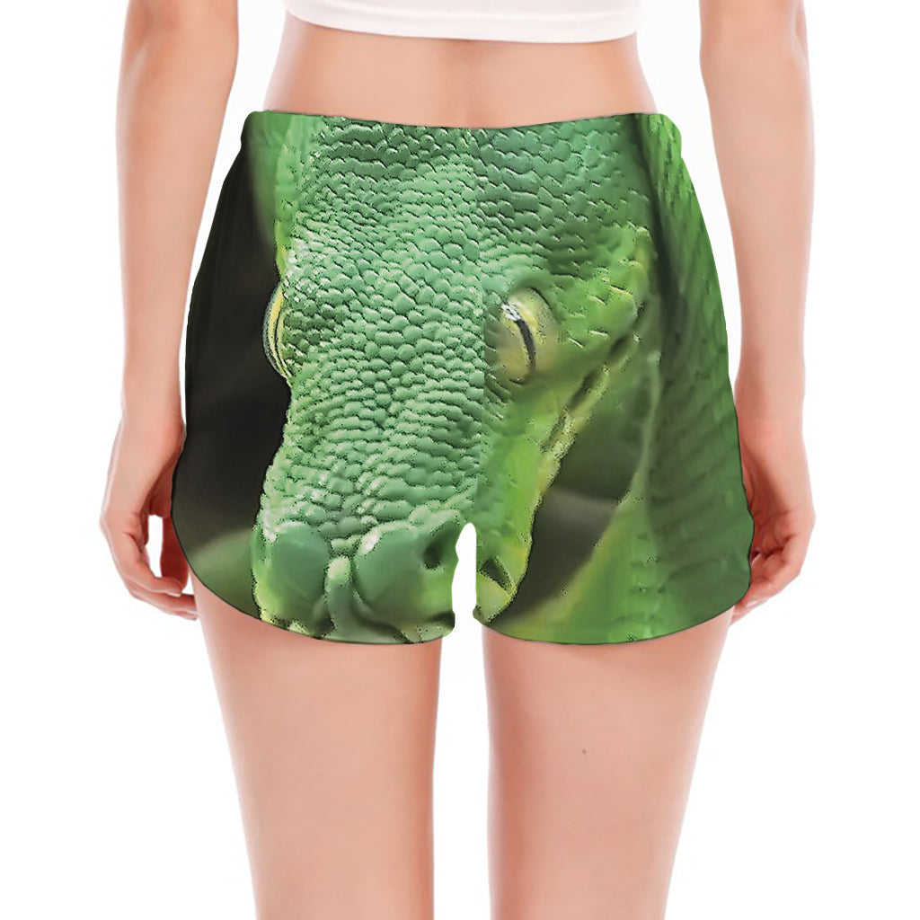 Green Reticulated Python Snake Print Women's Split Running Shorts