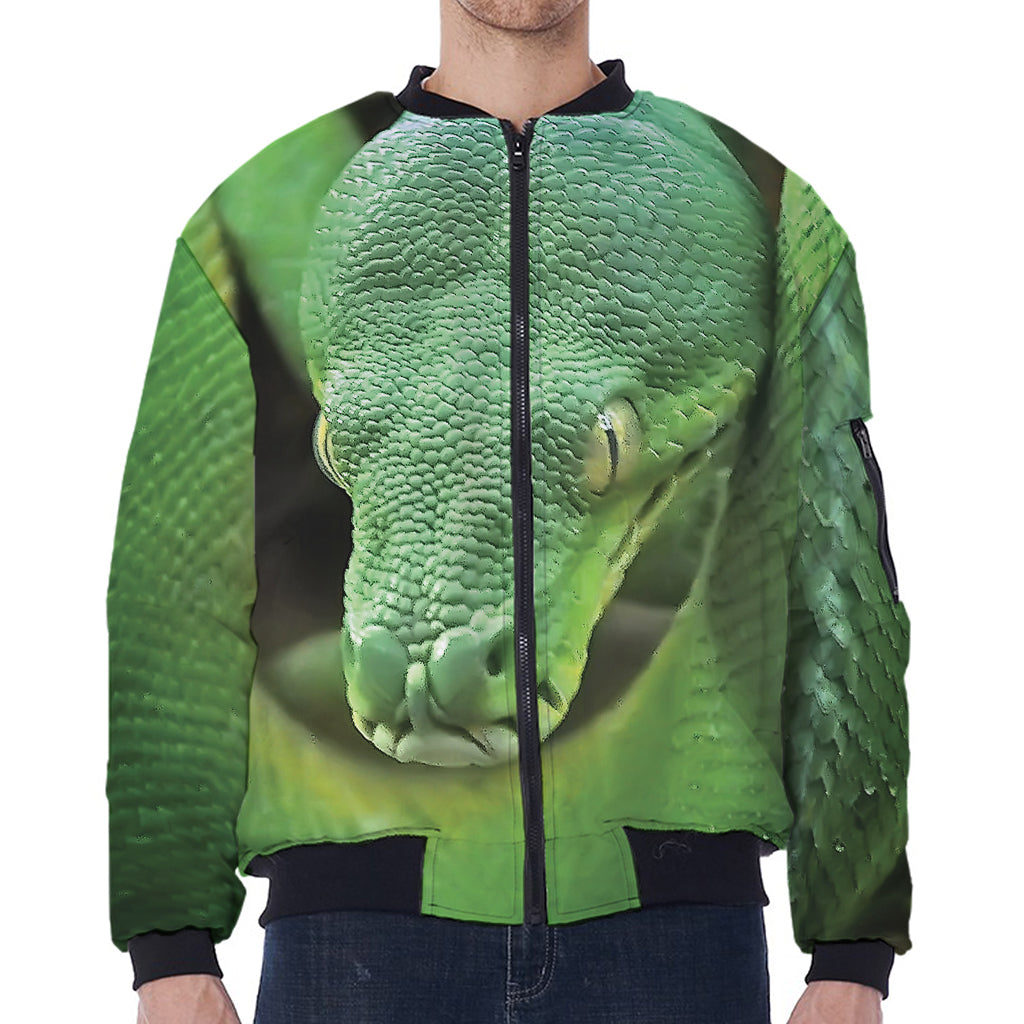 Green Reticulated Python Snake Print Zip Sleeve Bomber Jacket