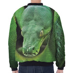 Green Reticulated Python Snake Print Zip Sleeve Bomber Jacket