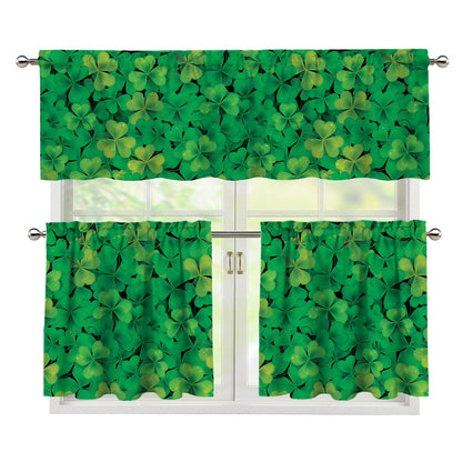 Green Shamrock Leaf Pattern Print 3 Piece Kitchen Curtains