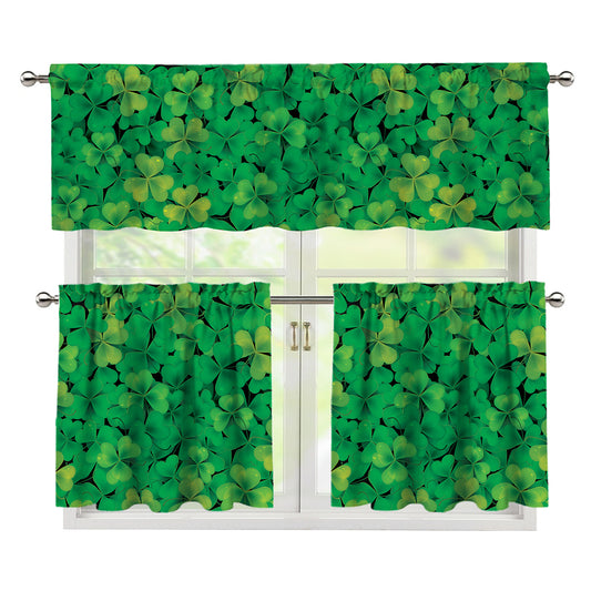 Green Shamrock Leaf Pattern Print 3 Piece Kitchen Curtains