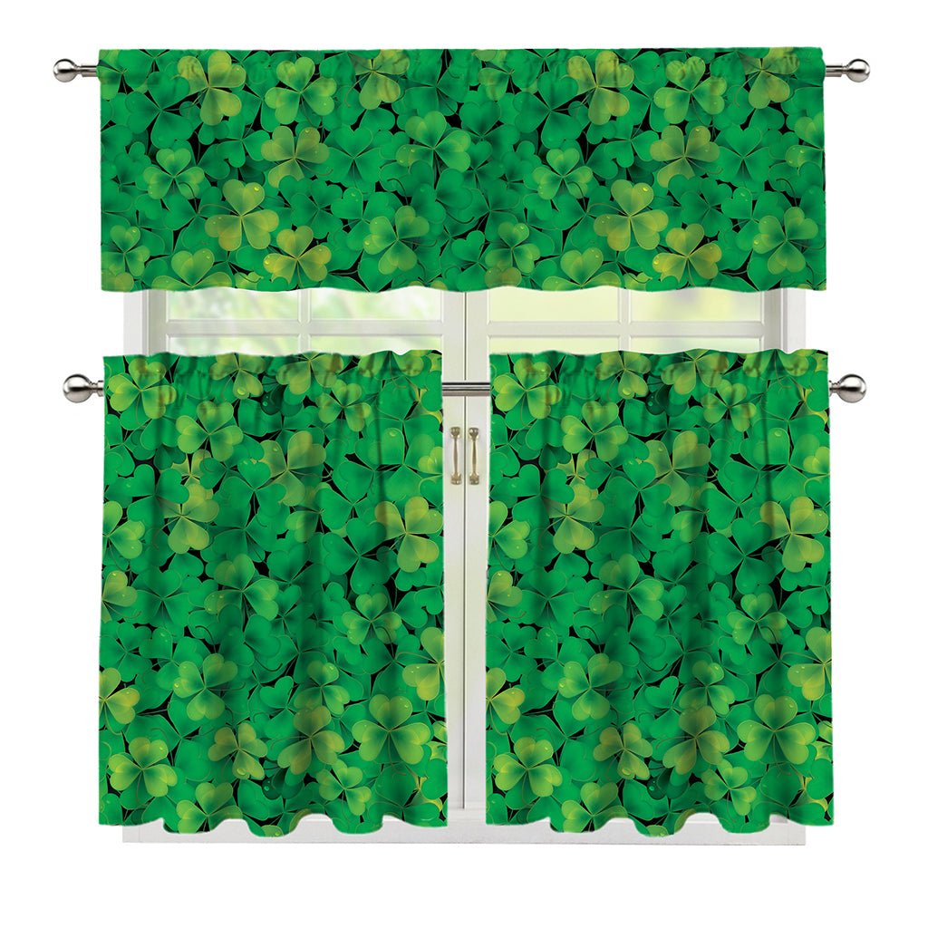 Green Shamrock Leaf Pattern Print 3 Piece Kitchen Curtains