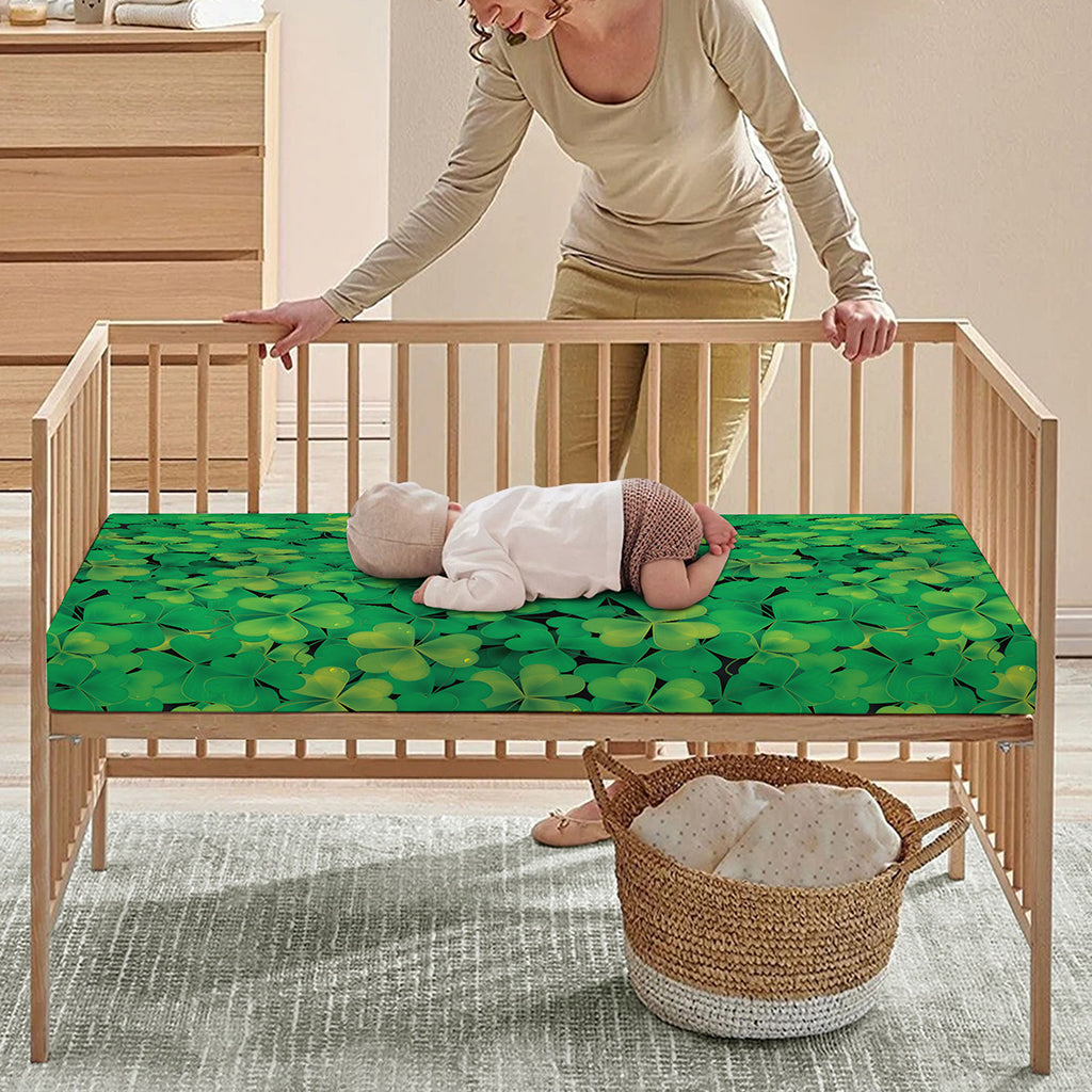 Green Shamrock Leaf Pattern Print Baby Crib Sheet