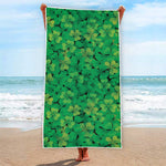 Green Shamrock Leaf Pattern Print Beach Towel
