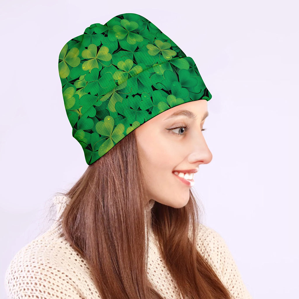 Green Shamrock Leaf Pattern Print Beanie
