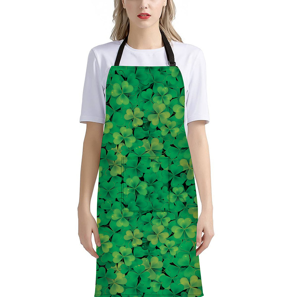 Green Shamrock Leaf Pattern Print Bib Apron With Pocket