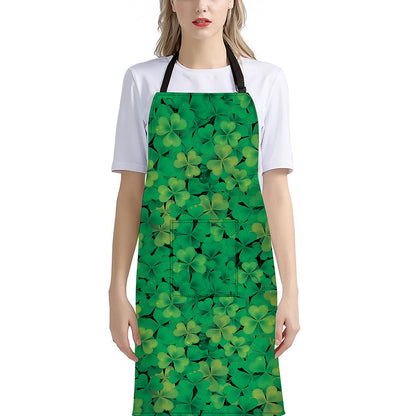 Green Shamrock Leaf Pattern Print Bib Apron With Pocket