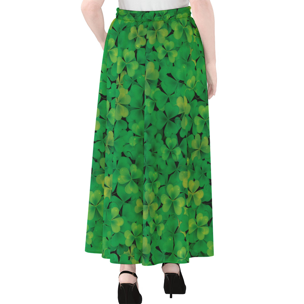 Green Shamrock Leaf Pattern Print Chiffon Maxi Skirt