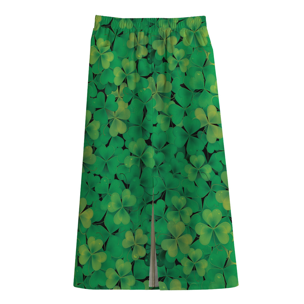 Green Shamrock Leaf Pattern Print Cotton Front Slit Maxi Skirt