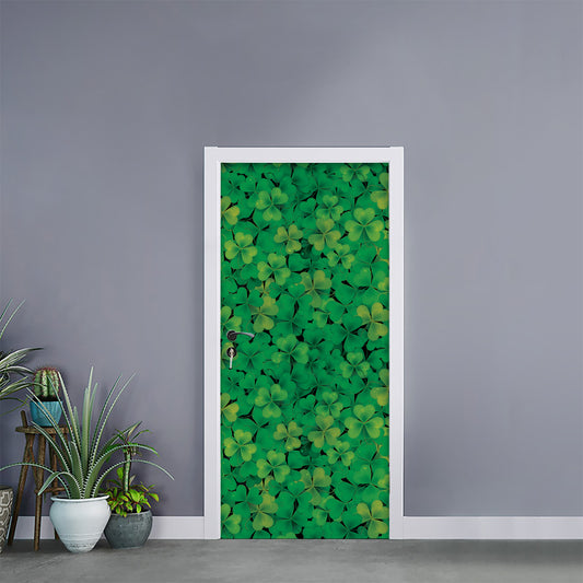 Green Shamrock Leaf Pattern Print Door Sticker