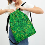 Green Shamrock Leaf Pattern Print Drawstring Backpack