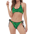 Green Shamrock Leaf Pattern Print Halter Scoop Tie Side Bikini