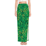 Green Shamrock Leaf Pattern Print High Slit Maxi Skirt