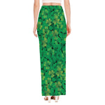 Green Shamrock Leaf Pattern Print High Slit Maxi Skirt