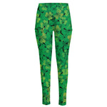 Green Shamrock Leaf Pattern Print High-Waisted Pocket Leggings