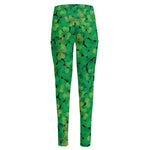 Green Shamrock Leaf Pattern Print High-Waisted Pocket Leggings