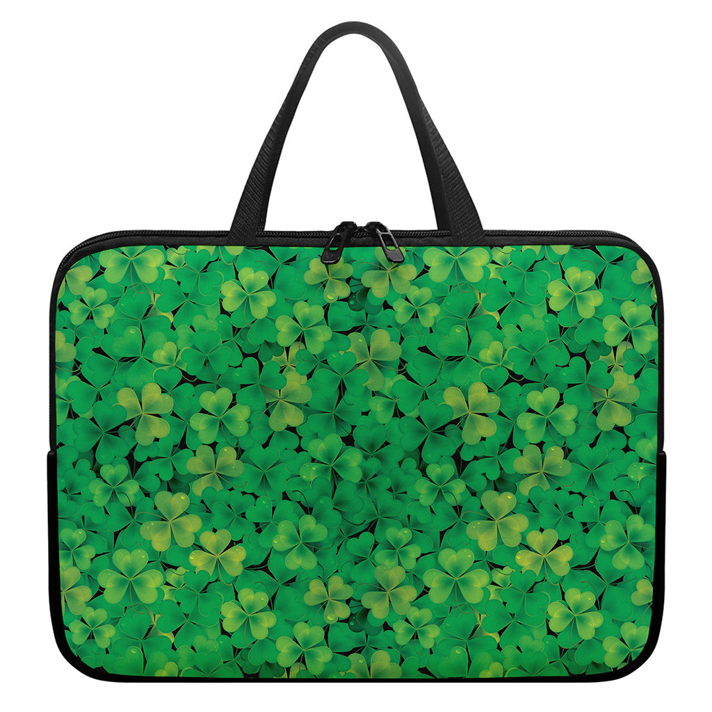 Green Shamrock Leaf Pattern Print Laptop Sleeve With Handle