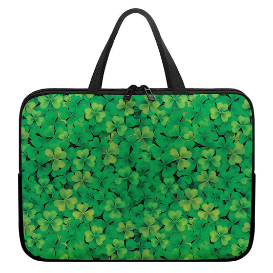 Green Shamrock Leaf Pattern Print Laptop Sleeve With Handle