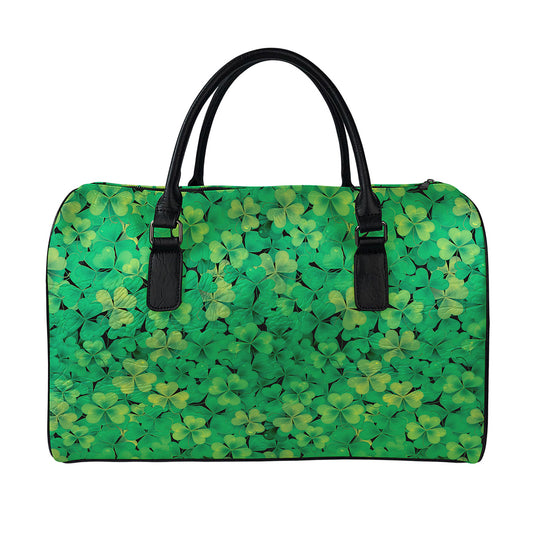 Green Shamrock Leaf Pattern Print Leather Duffle Bag