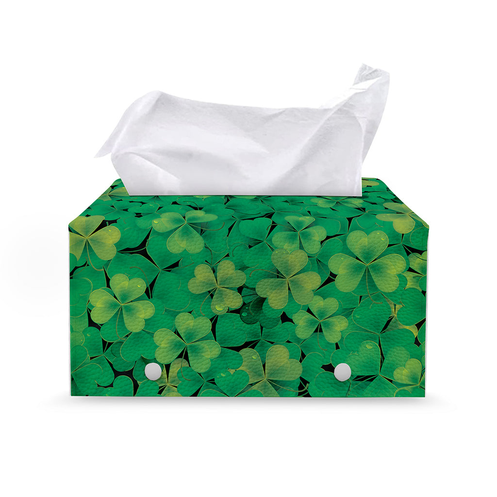 Green Shamrock Leaf Pattern Print Leather Tissue Box Cover