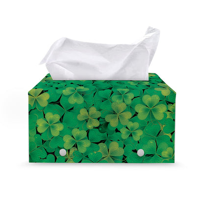 Green Shamrock Leaf Pattern Print Leather Tissue Box Cover