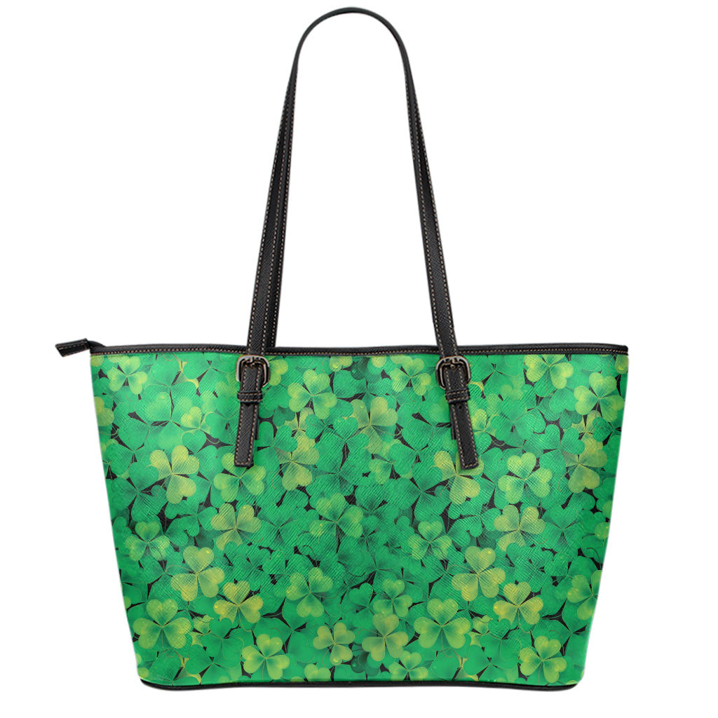 Green Shamrock Leaf Pattern Print Leather Tote Bag