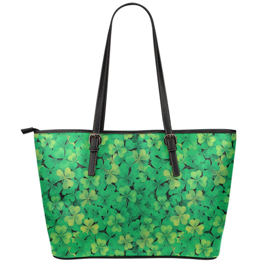 Green Shamrock Leaf Pattern Print Leather Tote Bag