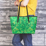 Green Shamrock Leaf Pattern Print Leather Tote Bag