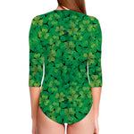 Green Shamrock Leaf Pattern Print Long Sleeve Swimsuit