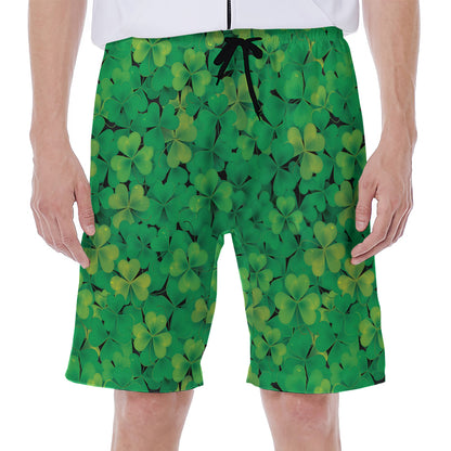 Green Shamrock Leaf Pattern Print Men's Beach Shorts