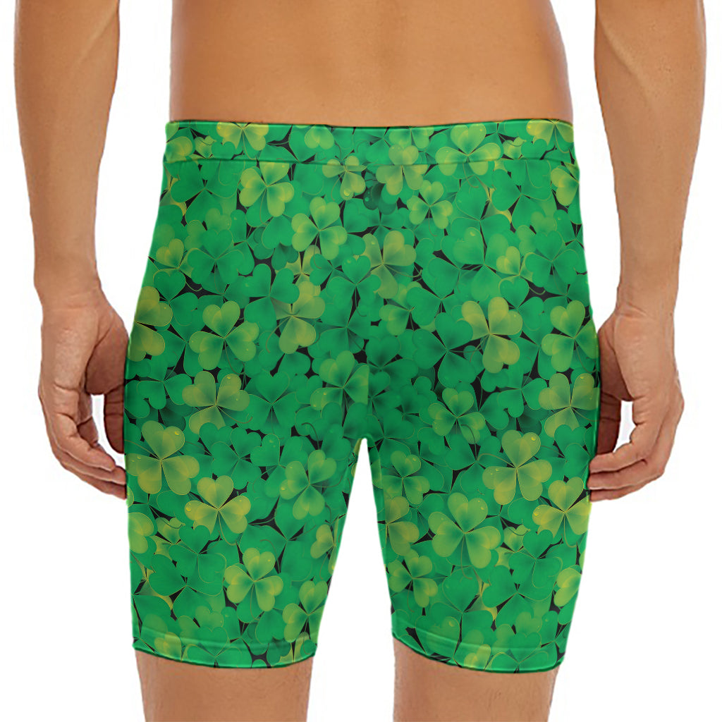 Green Shamrock Leaf Pattern Print Men's Long Boxer Briefs