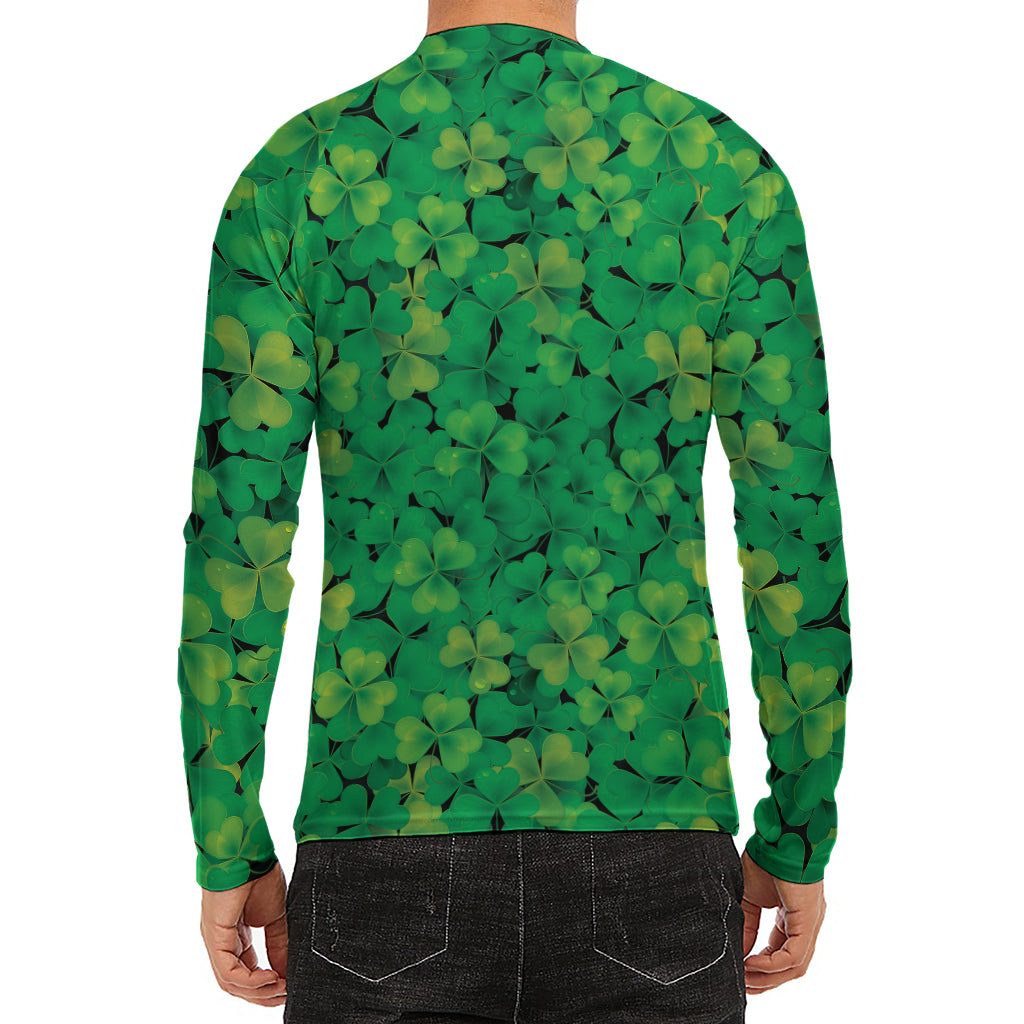 Green Shamrock Leaf Pattern Print Men's Long Sleeve Rash Guard