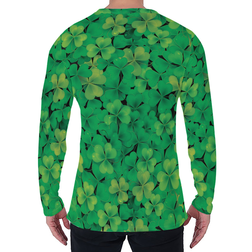 Green Shamrock Leaf Pattern Print Men's Long Sleeve T-Shirt