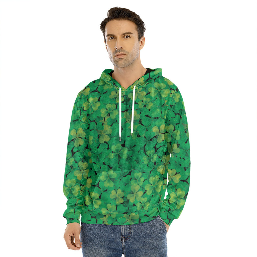 Green Shamrock Leaf Pattern Print Men's Velvet Pullover Hoodie