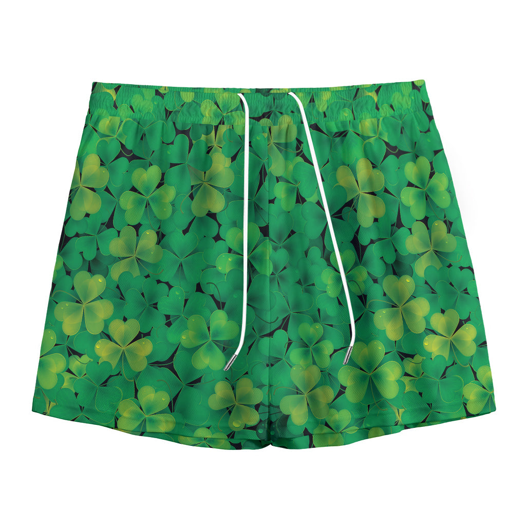 Green Shamrock Leaf Pattern Print Mesh Shorts