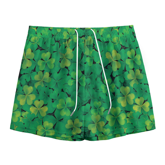 Green Shamrock Leaf Pattern Print Mesh Shorts
