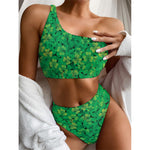 Green Shamrock Leaf Pattern Print One Shoulder Bikini Top