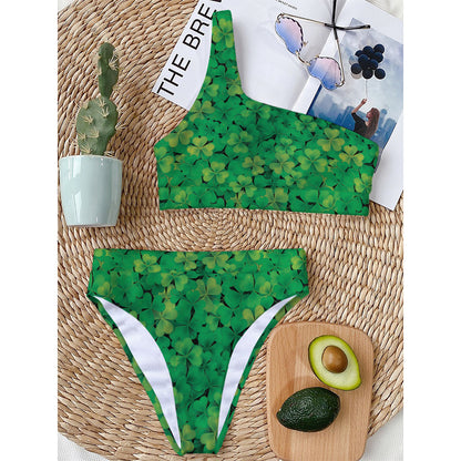 Green Shamrock Leaf Pattern Print One Shoulder Bikini Top