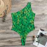 Green Shamrock Leaf Pattern Print One Shoulder Bodysuit