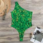 Green Shamrock Leaf Pattern Print One Shoulder Bodysuit