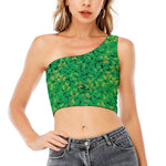 Green Shamrock Leaf Pattern Print One Shoulder Crop Top